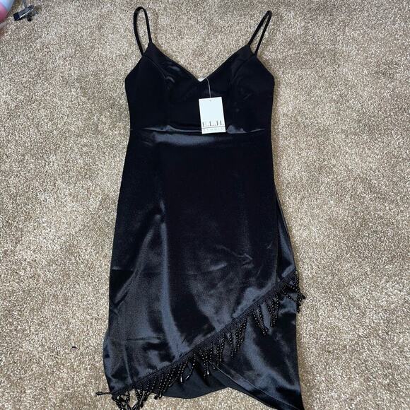 E.L.H. Studio black dress mini V-neck Satin V-neck beaded edge mini body-con SM - Picture 11 of 12